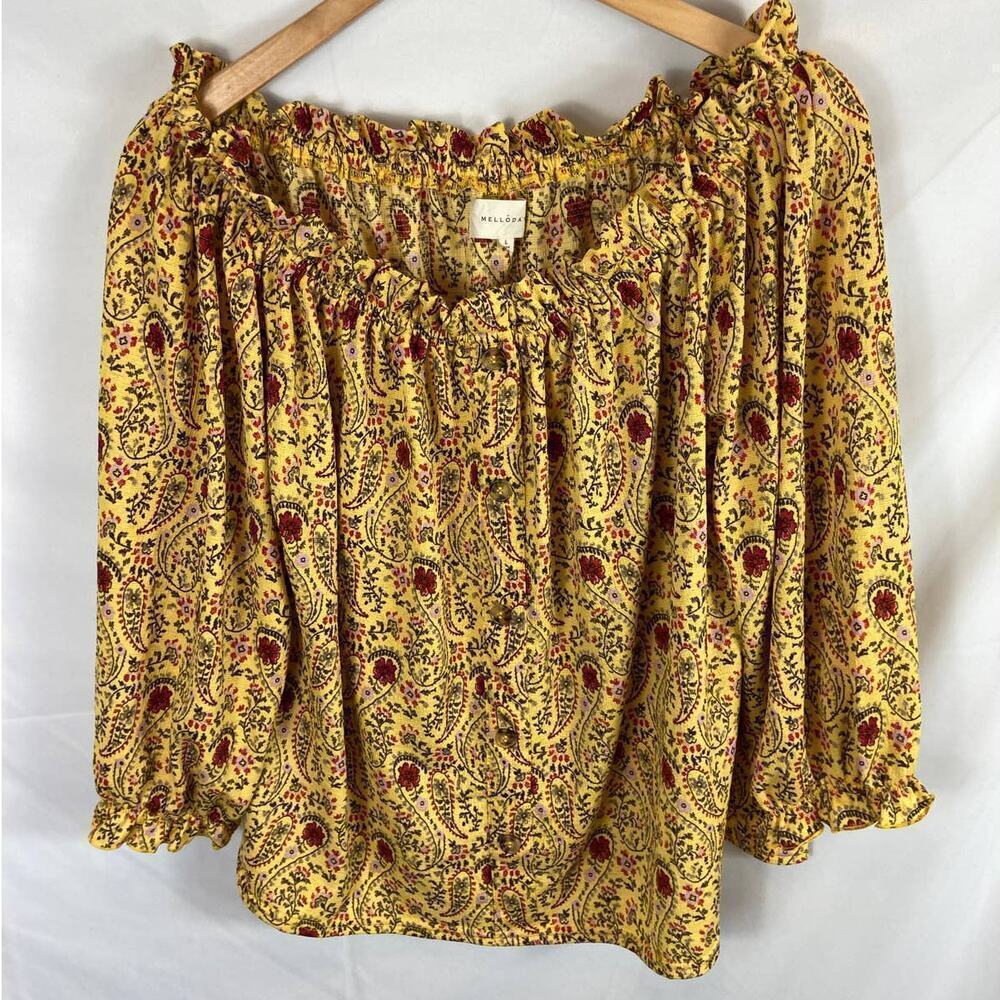 Melloday Paisley Button Front Off Shoulder Blouse Yellow Size Large